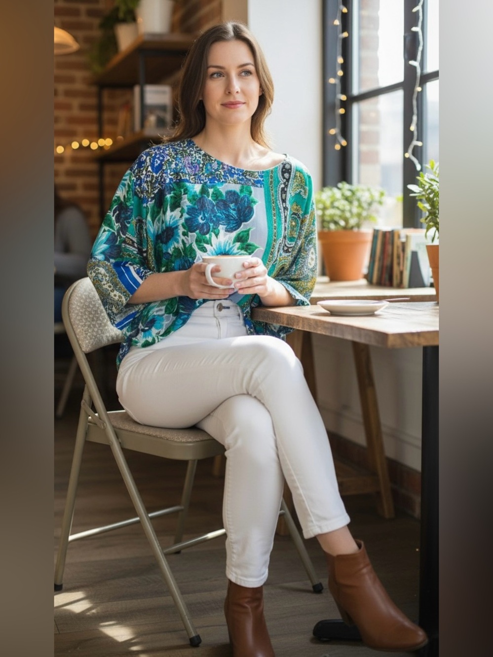 Floral Print Women's Blouse - Blue and Green